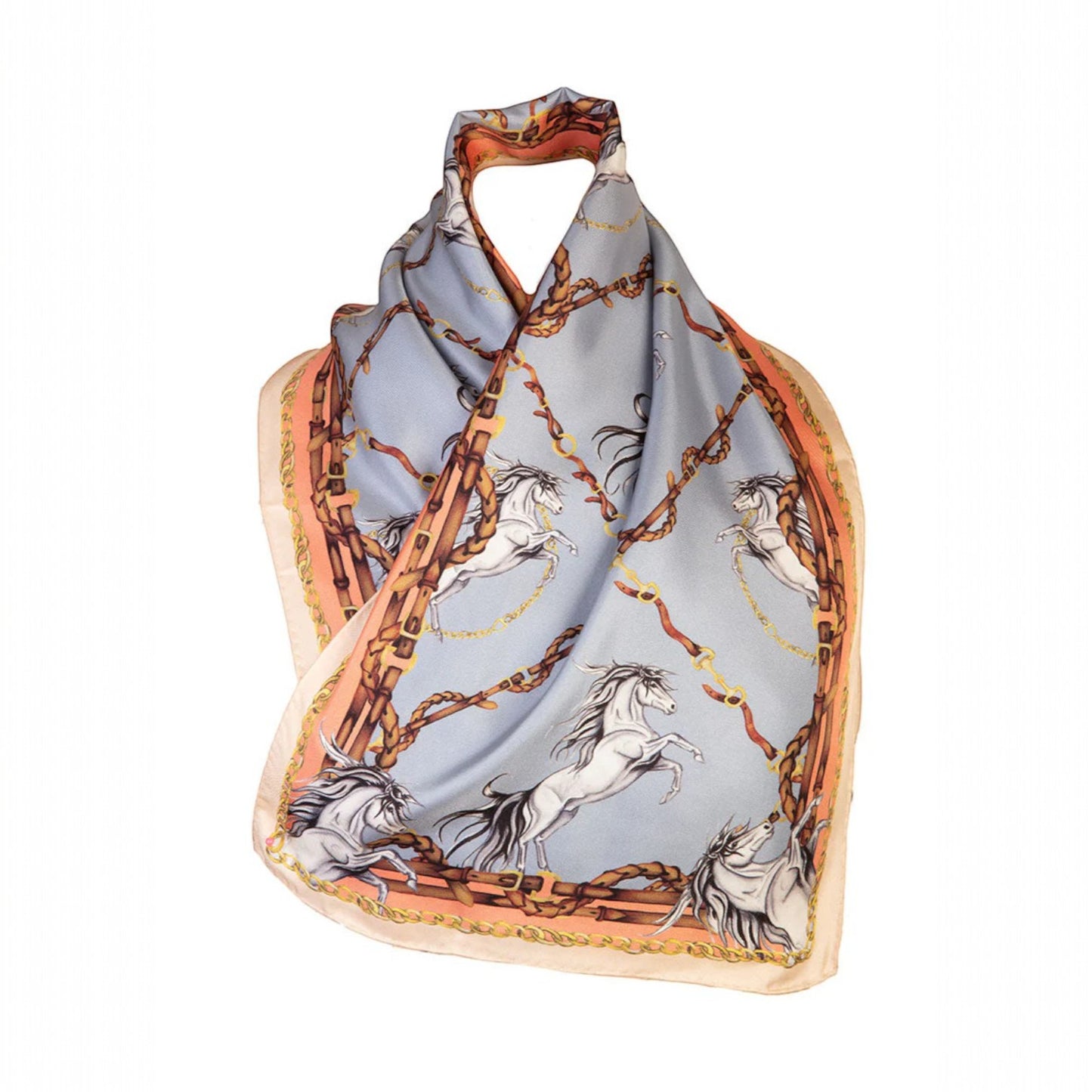 Silk scarf with horse and barbed wire design on a light blue background