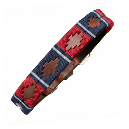 Dog collar with red, blue, and brown pattern on a white background