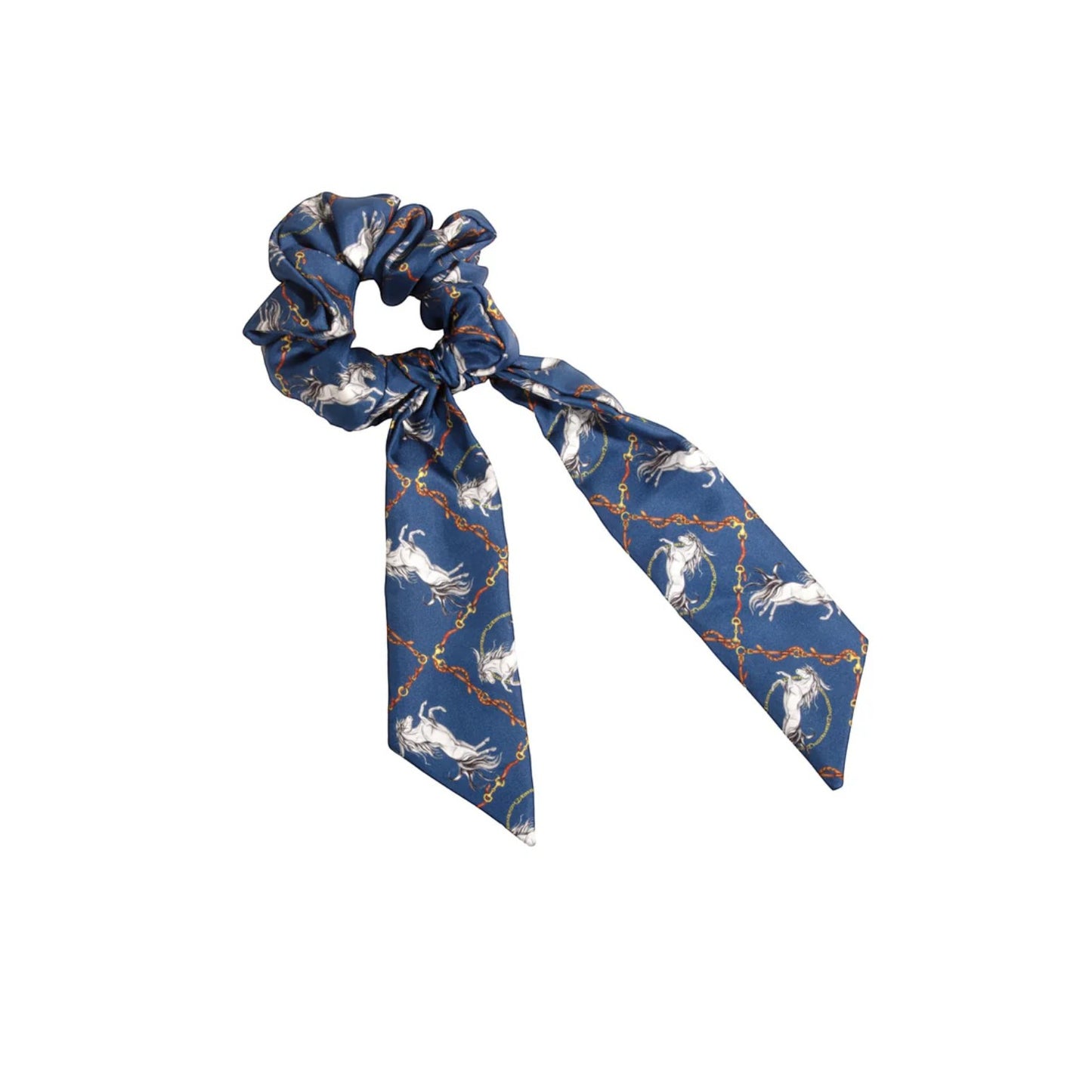 Blue scrunchie with unicorn pattern on a white background