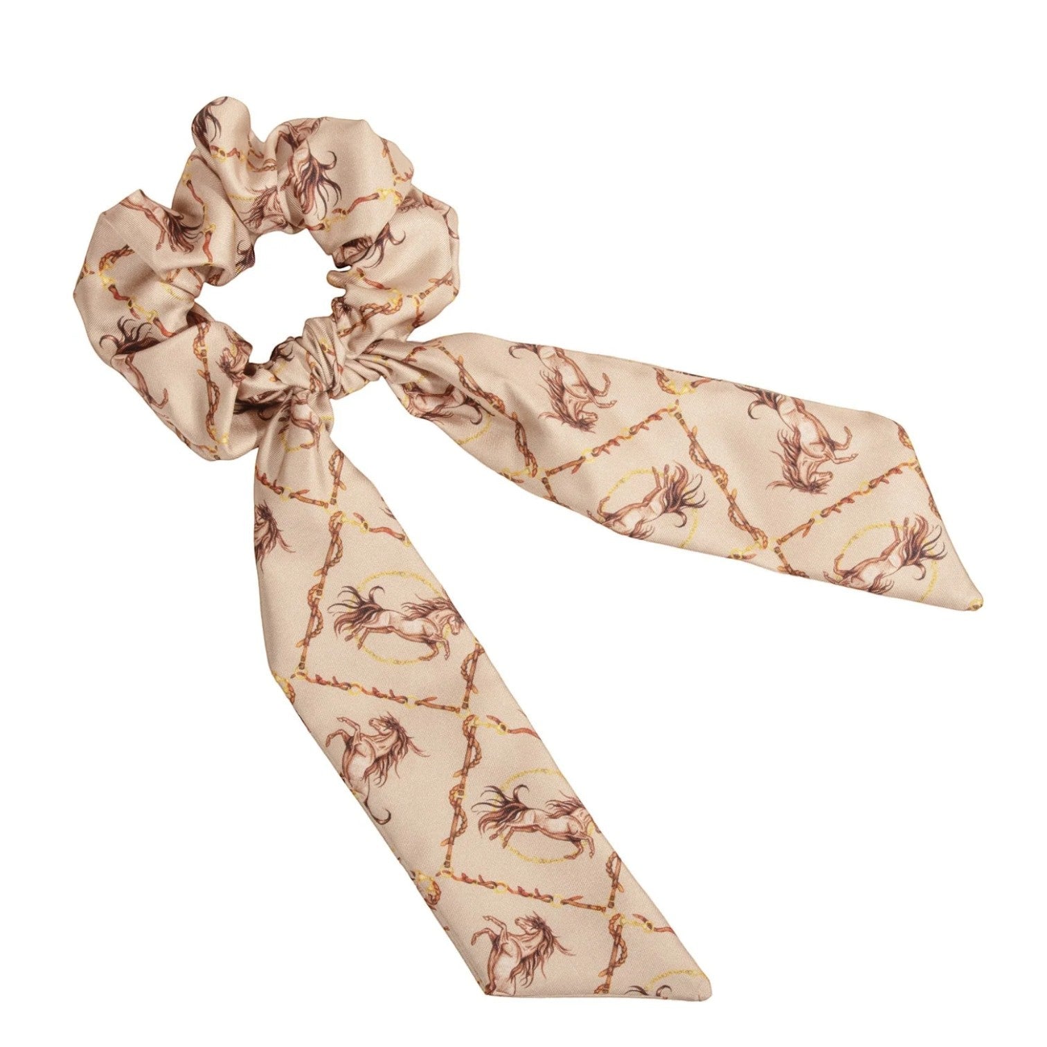 Beige scrunchie with a subtle pattern on a white background