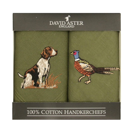 Pheasant & Hound Embroidered Green Handkerchiefs