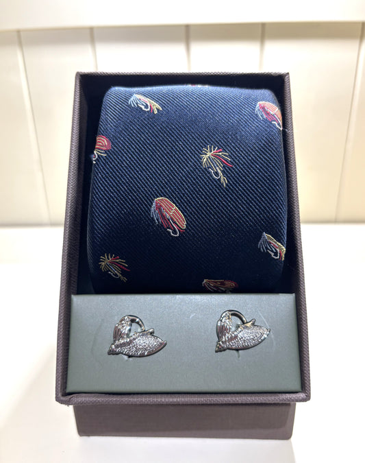 Soprano Shooting Tie & Cufflinks Set - Fishing Flies on Navy Ground