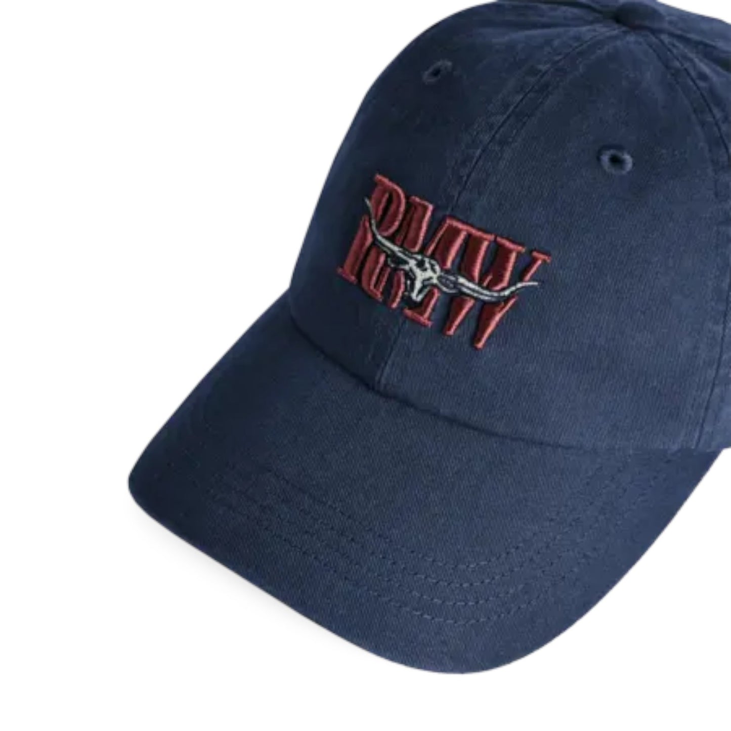 A navy blue cotton baseball cap featuring an embroidered logo on the front. The logo consists of red text reading 'RMW' with a silver and red longhorn design.