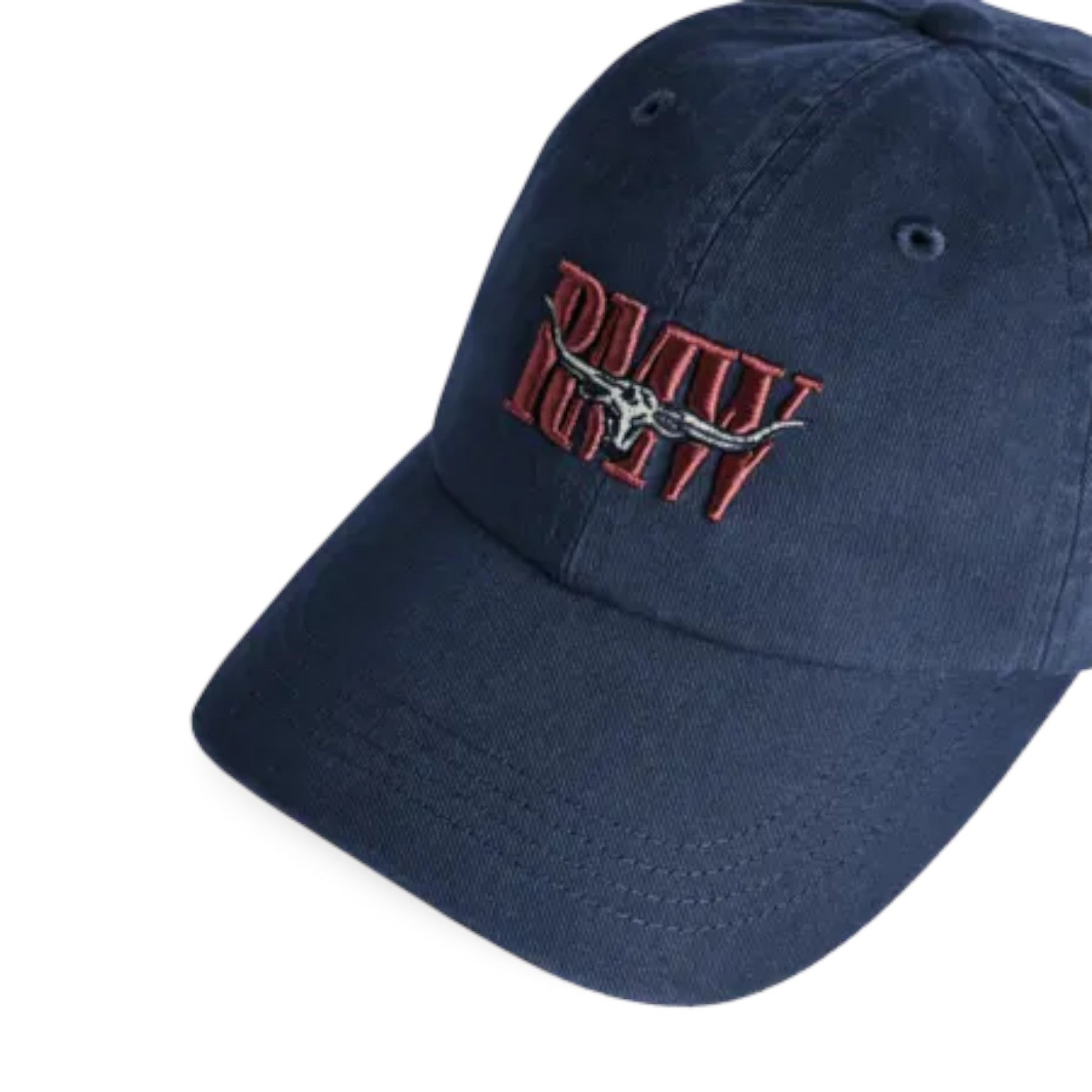 A navy blue cotton baseball cap featuring an embroidered logo on the front. The logo consists of red text reading 'RMW' with a silver and red longhorn design.