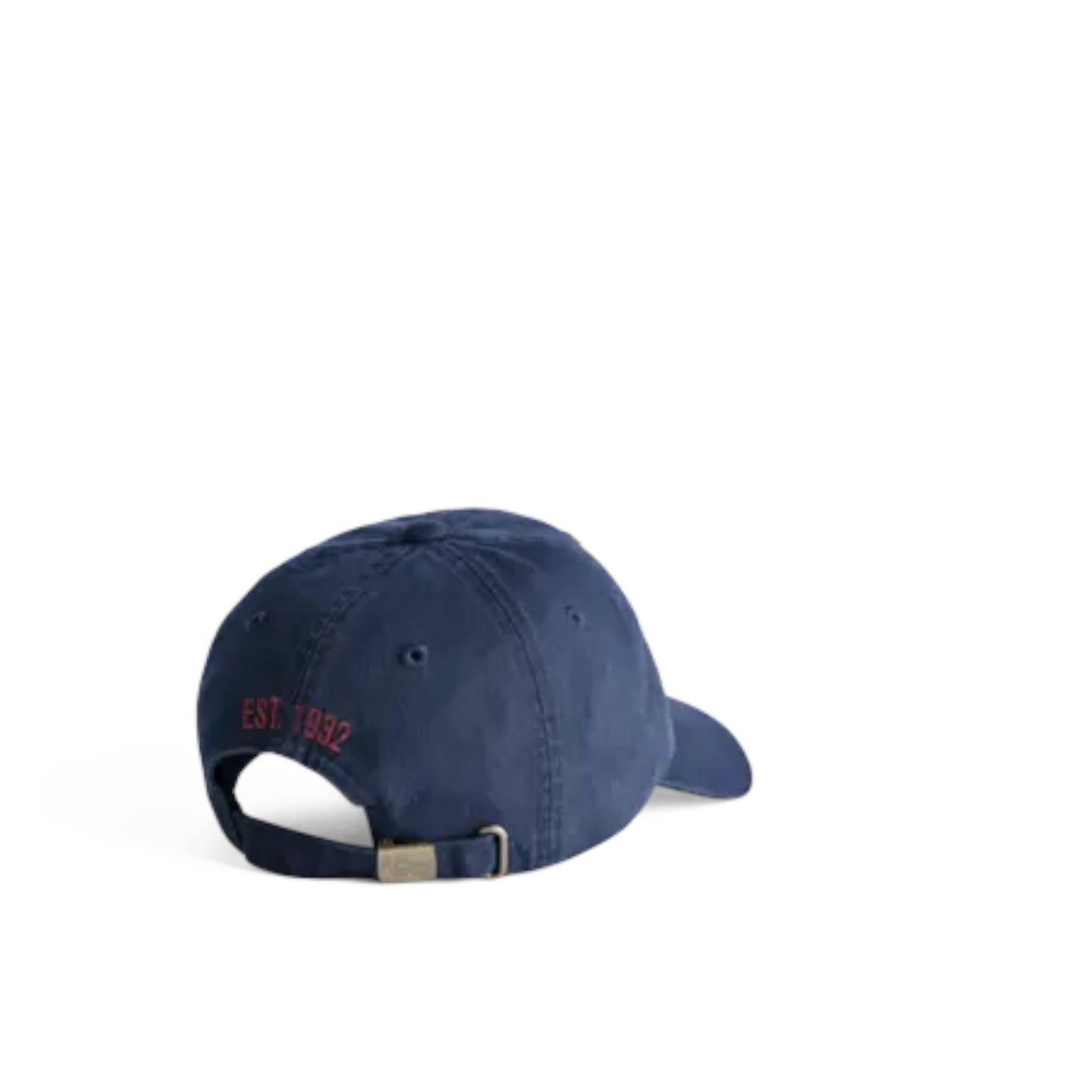 A navy blue baseball cap shown from the back, featuring 'EST. 1932' embroidered in red on the side and an adjustable strap with a silver metal buckle, set against a plain white background.