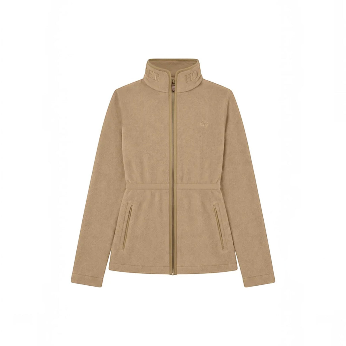 A beige fleece jacket with a stand-up collar, front zipper, zippered hand pockets, and a small embroidered logo on the left chest, shown against a plain white background.