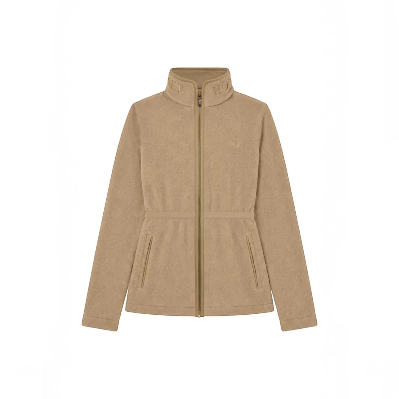 A beige fleece jacket with a stand-up collar, front zipper, zippered hand pockets, and a small embroidered logo on the left chest, shown against a plain white background.