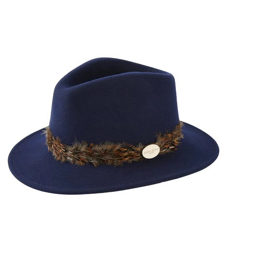 Hicks & Brown The Suffolk Fedora in Navy (Bronze Feather Wrap)