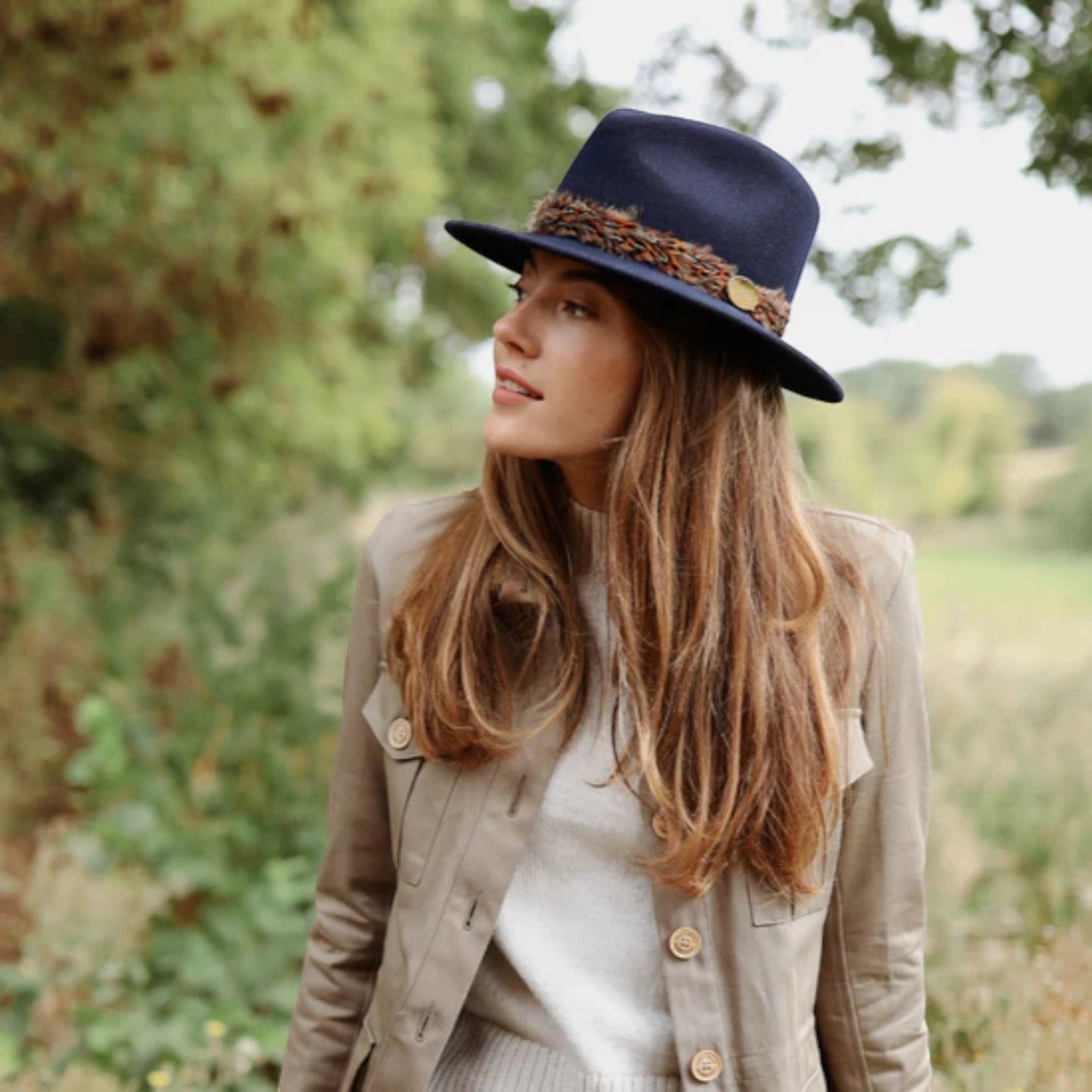 Hicks & Brown The Suffolk Fedora in Navy (Bronze Feather Wrap)