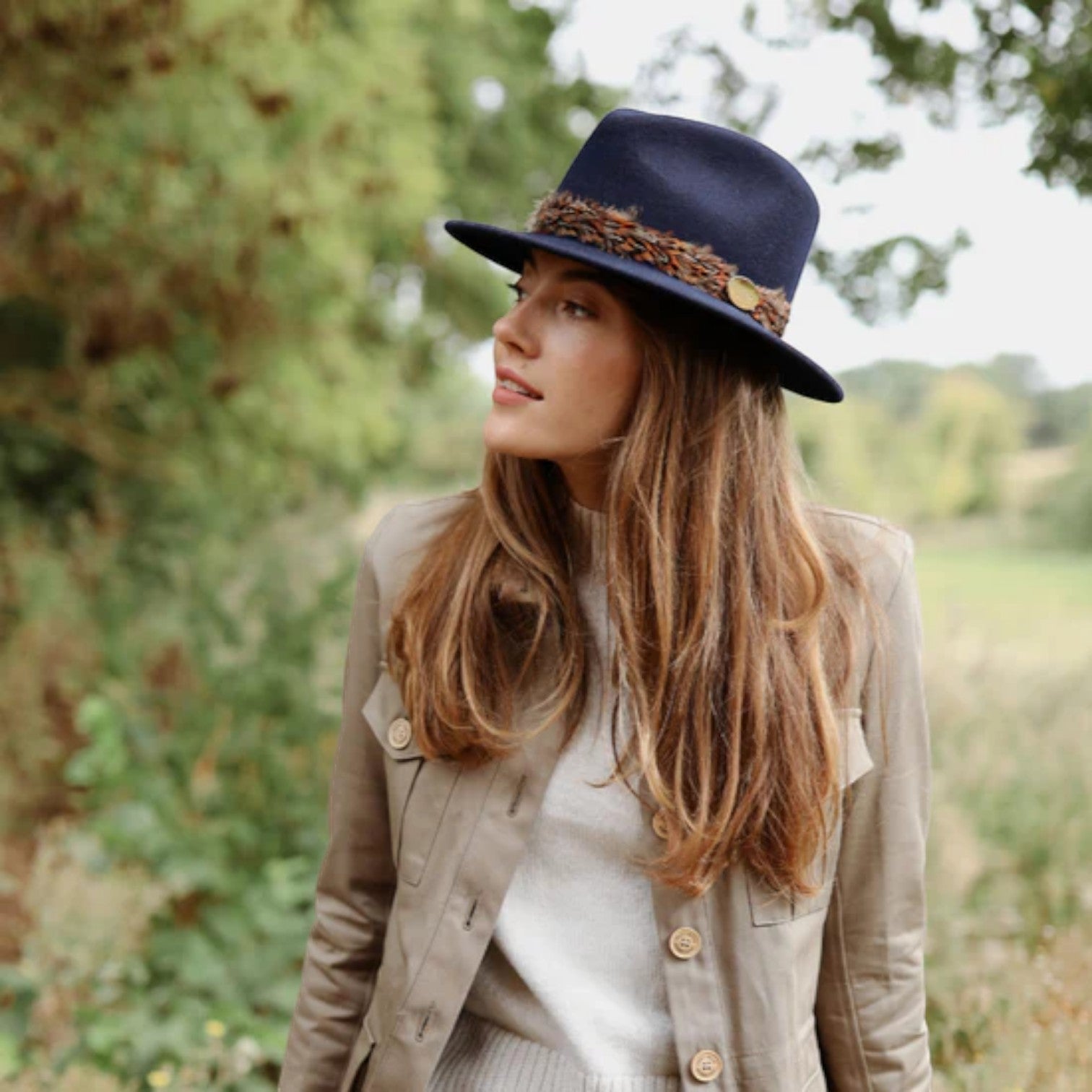 Hicks & Brown The Suffolk Fedora in Navy (Bronze Feather Wrap)