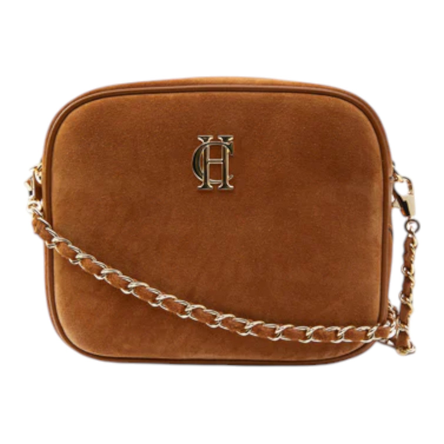 Brown suede handbag with a chain strap on a white background