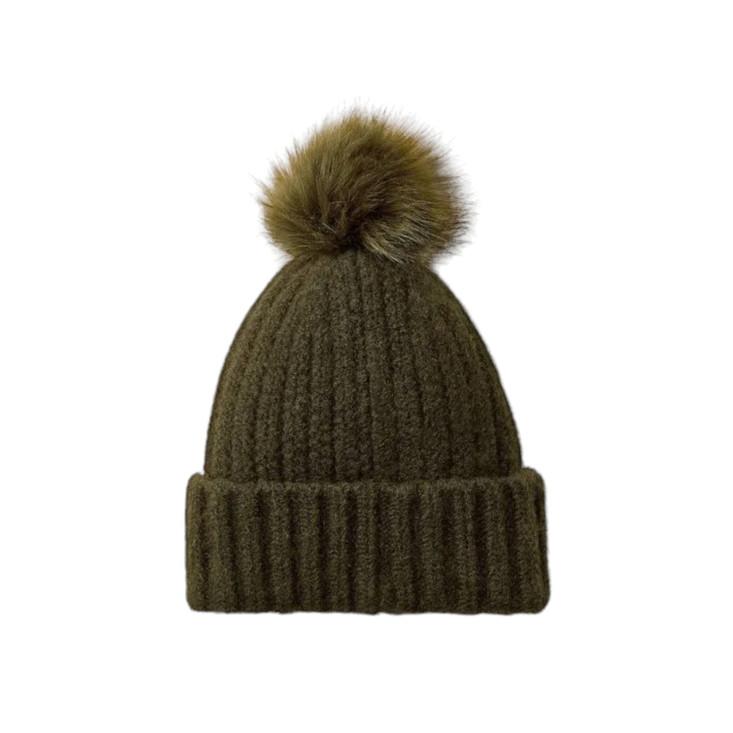 An olive green ribbed knit beanie hat with a fluffy matching pom-pom on top, shown against a plain white background.