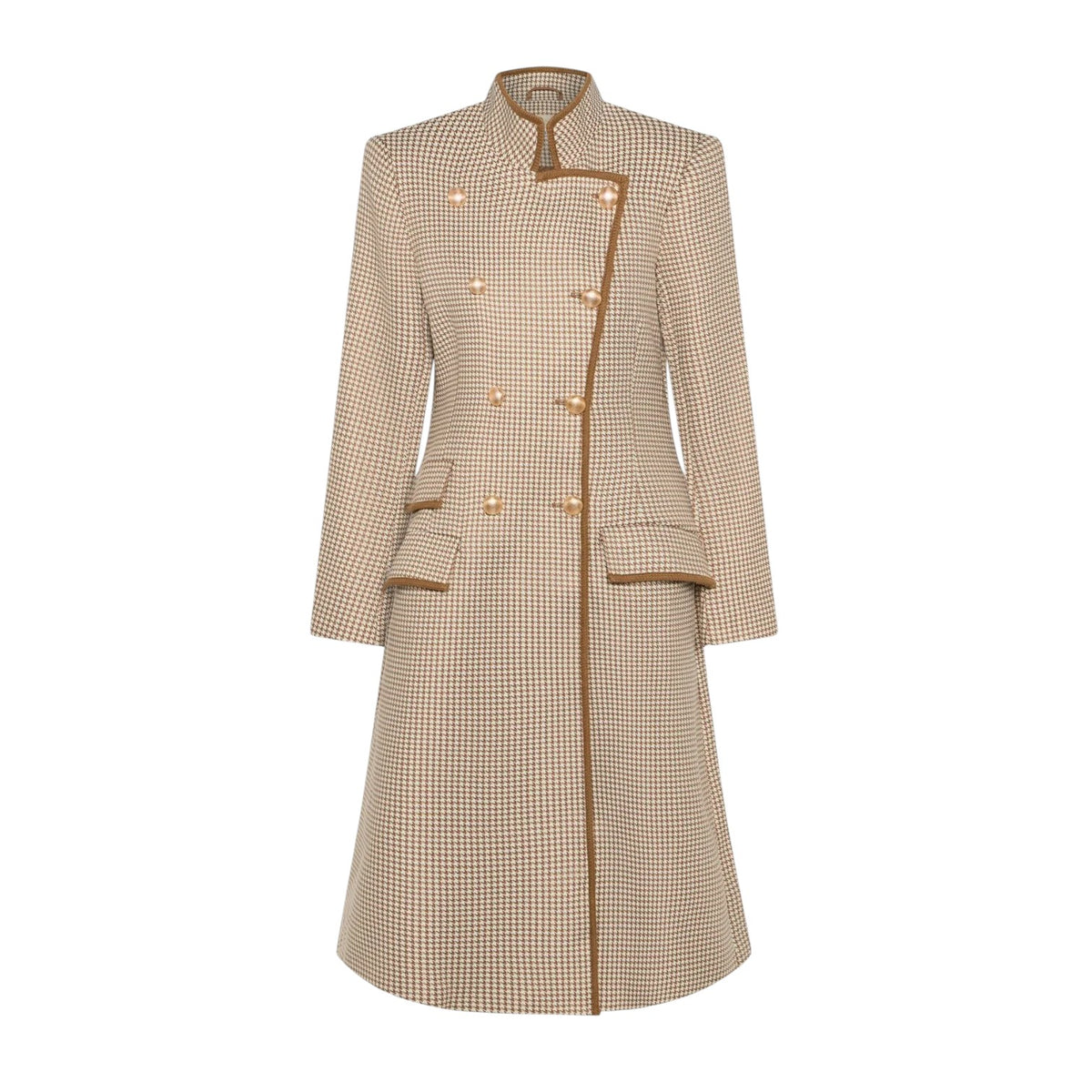 A beige and brown checkered double-breasted coat with gold buttons and brown trim, shown on a plain white background.