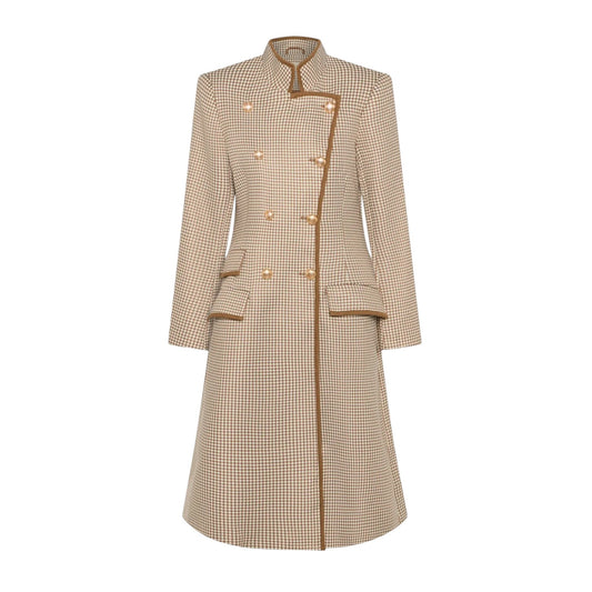 A beige and brown checkered double-breasted coat with gold buttons and brown trim, shown on a plain white background.