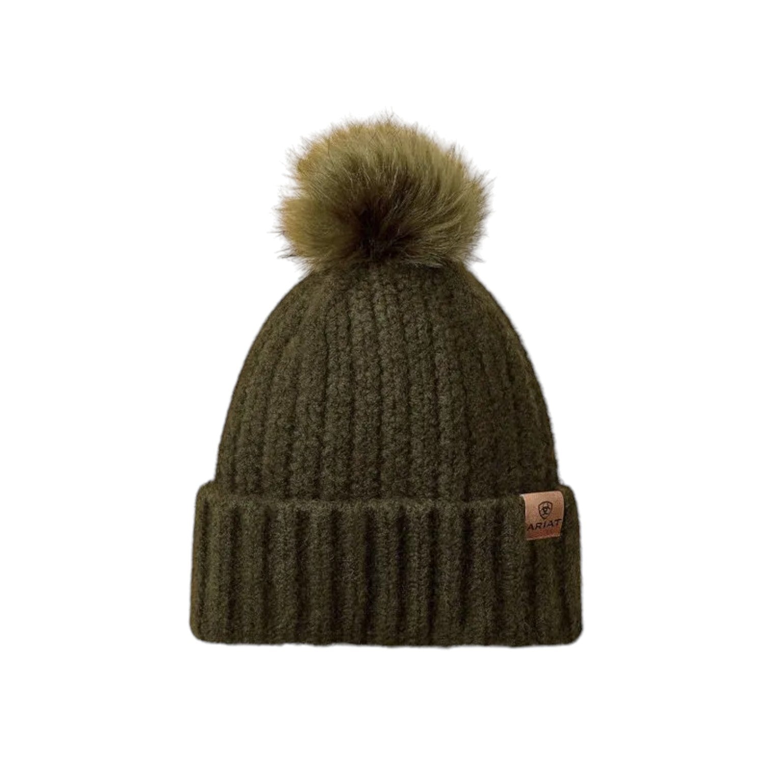 An olive green ribbed knit beanie hat with a matching faux fur pom-pom on top and a small brown leather brand tag on the side cuff, shown against a plain white background.