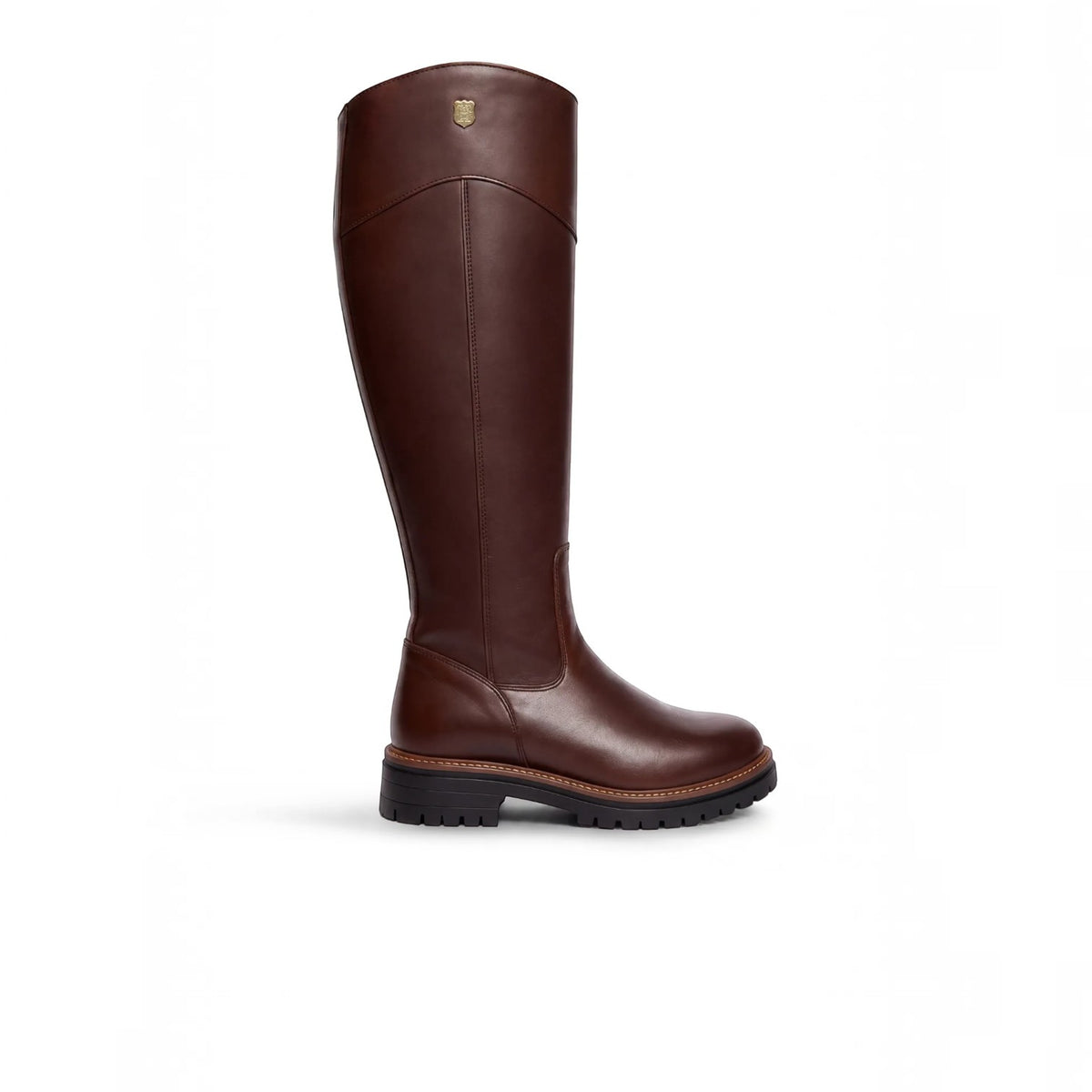 A dark brown leather knee-high riding boot shown from the side profile against a plain white background.