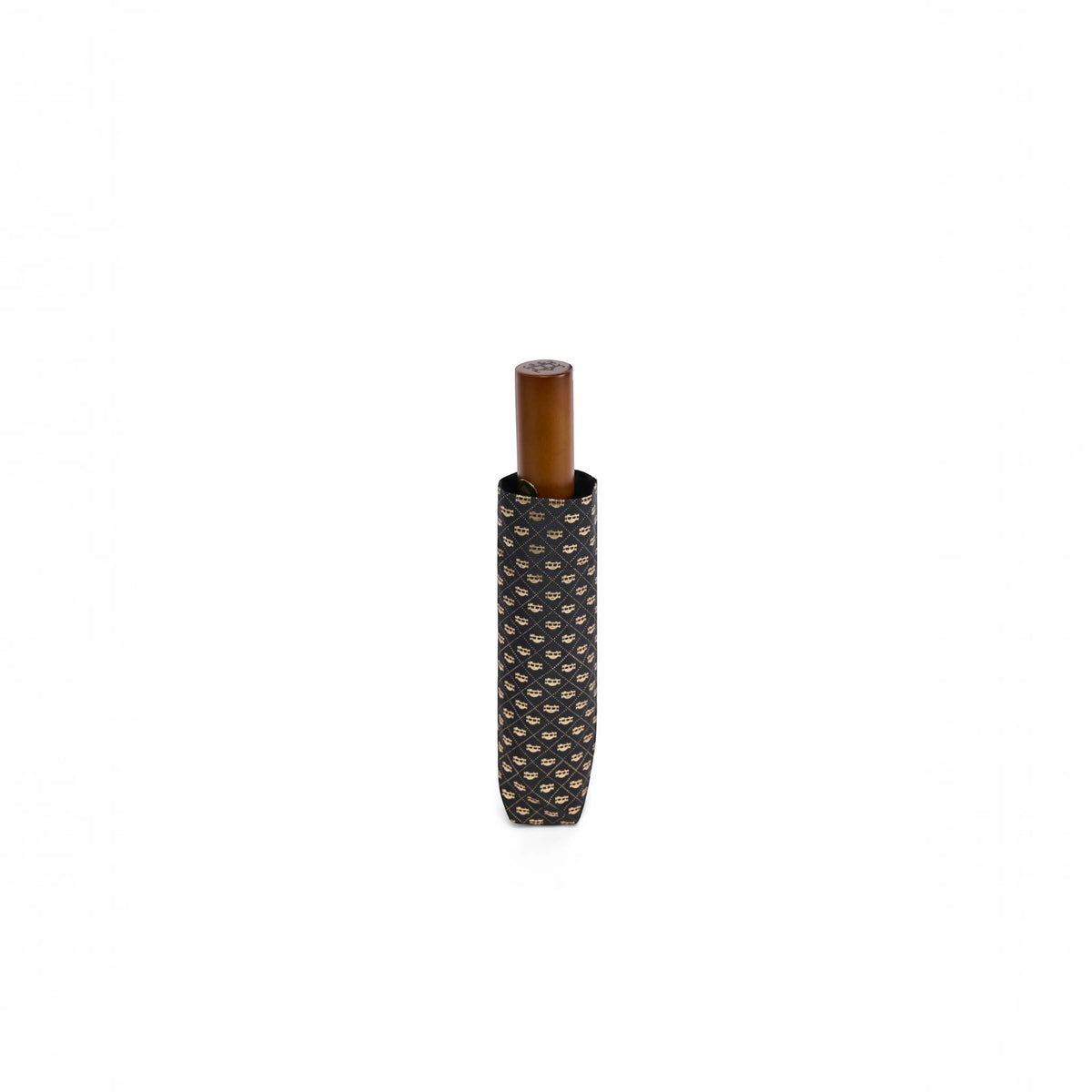 A closed folding umbrella with a brown wooden handle, encased in a black fabric cover patterned with small gold fish, shown against a plain white background.