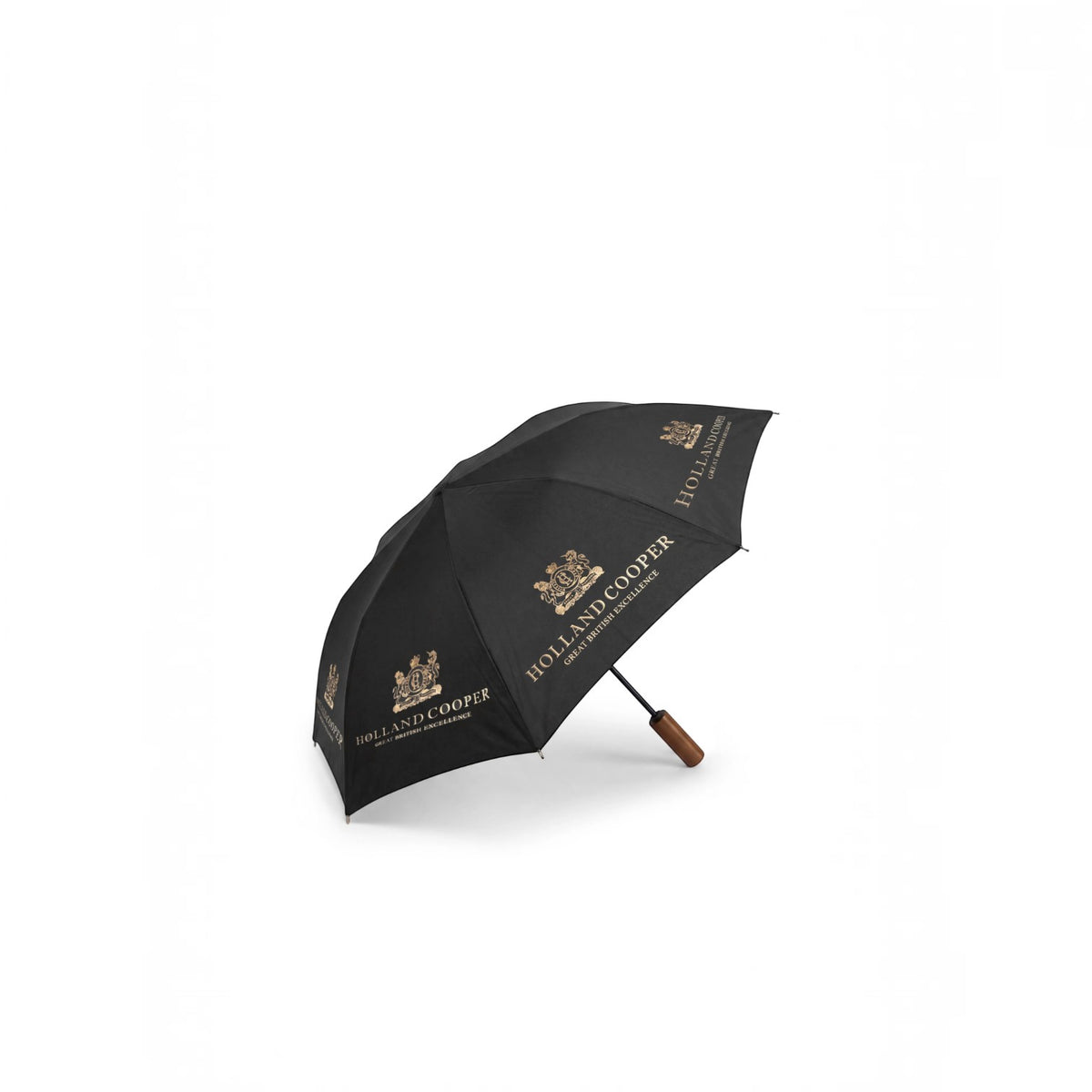A dark brown open umbrella with gold printed text reading 'Holland Cooper' and a small crest logo, shown on a clean white background.