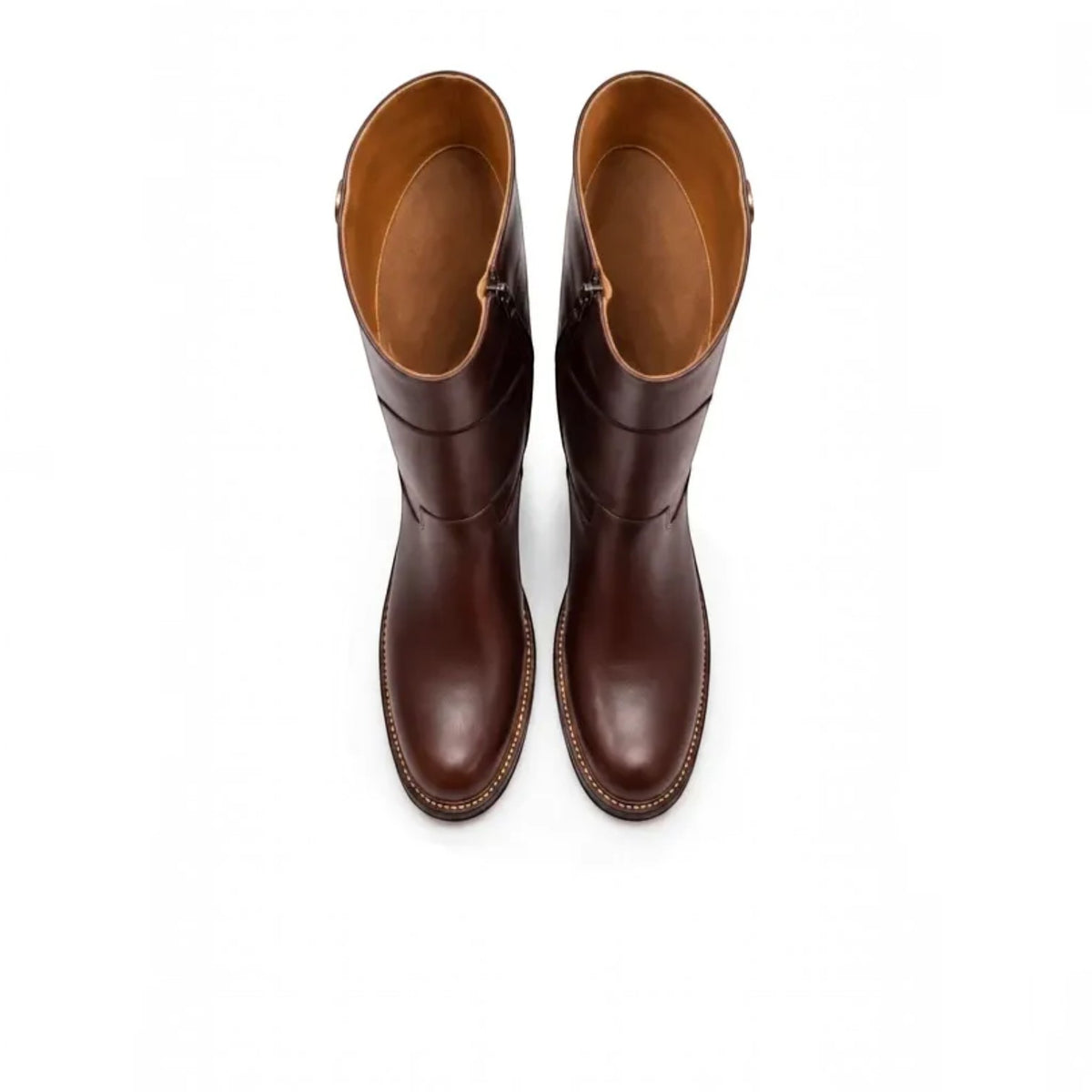 A pair of dark brown leather mid-calf boots shown from a top-down view on a solid white background.