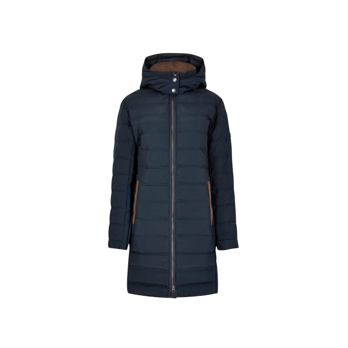 A dark navy blue hooded puffer coat with brown interior lining and side pockets, shown against a plain white background.
