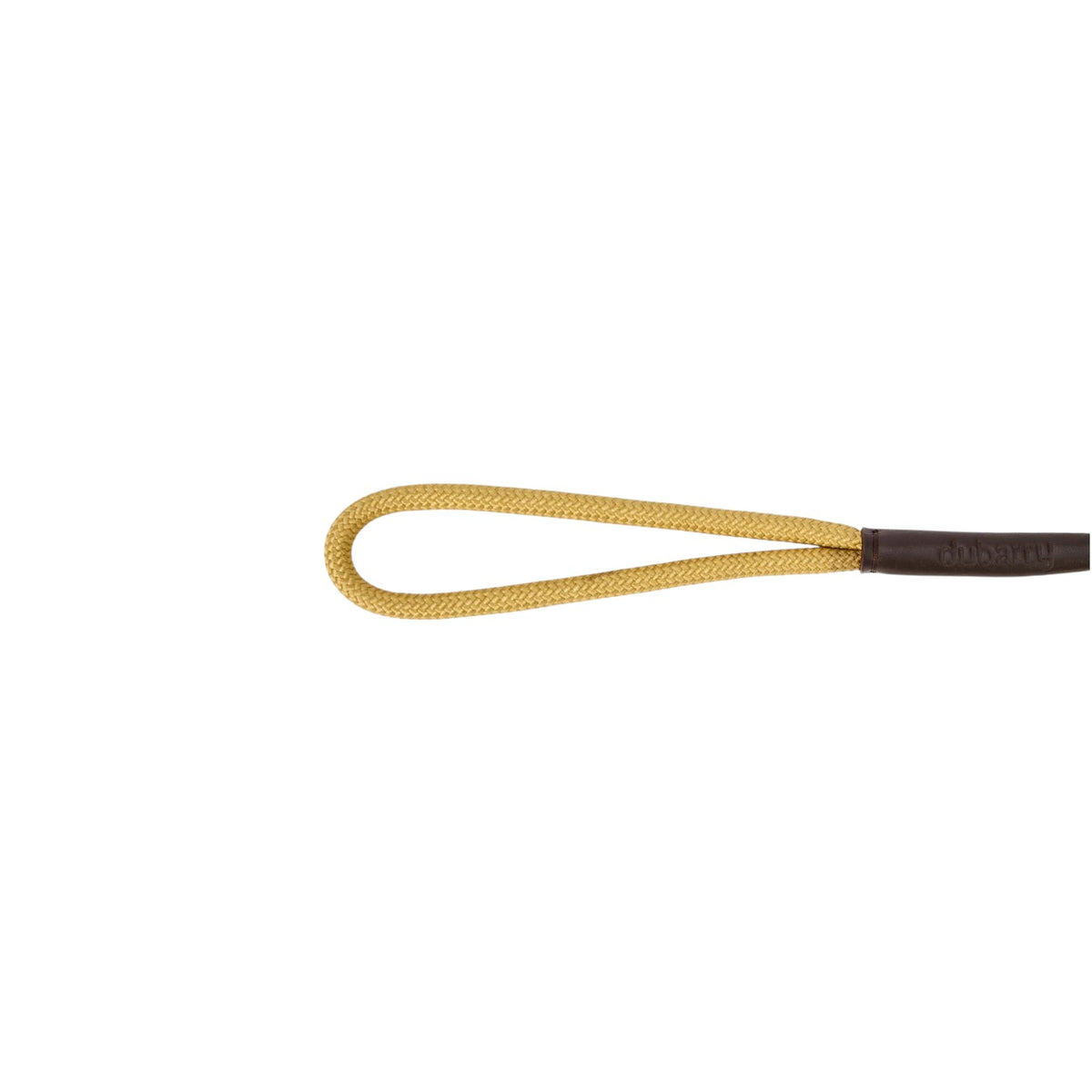 A close-up of a yellow braided rope loop with a dark brown leather end tab on a plain white background.