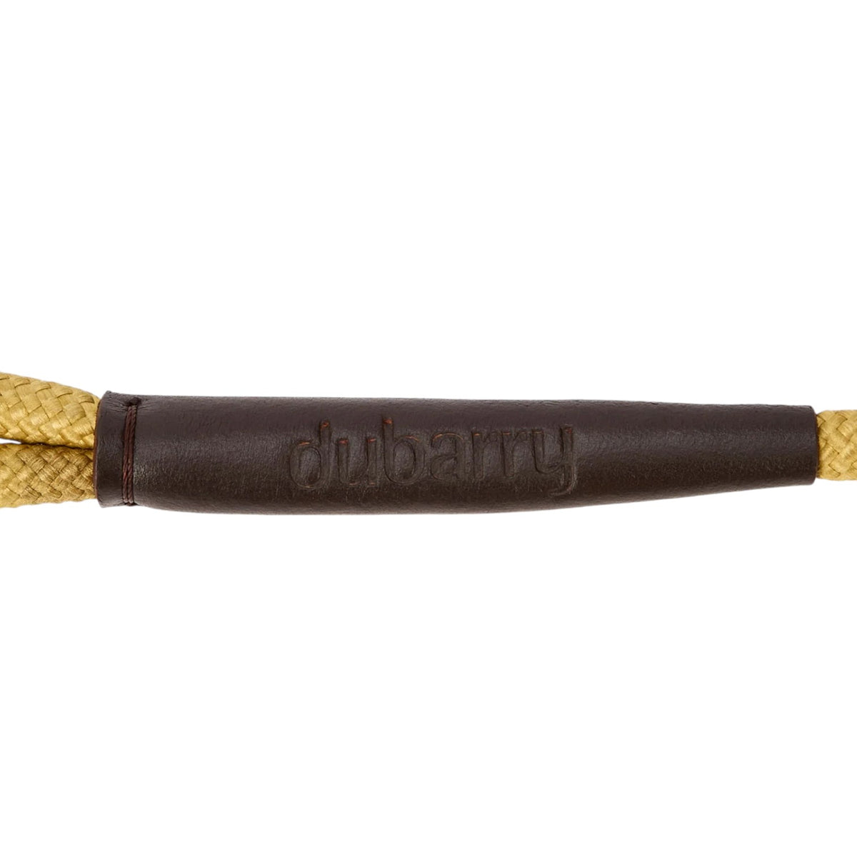 A close-up of a braided yellow rope with a dark brown leather handle embossed with the brand name 'dubarry' on a white background.