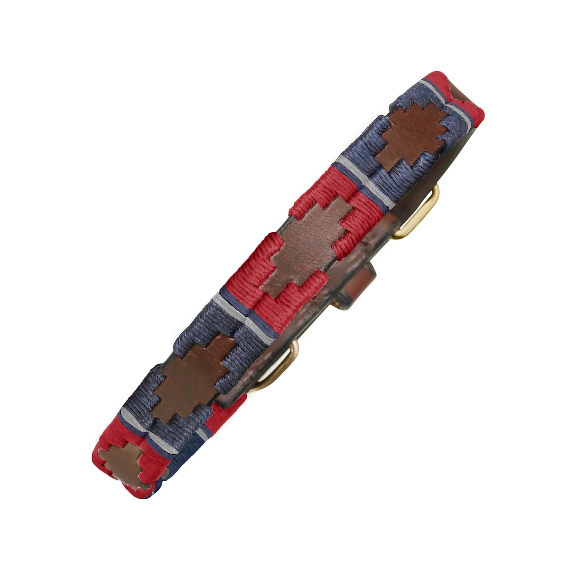 Dog collar with red, blue, and brown pattern on a white background