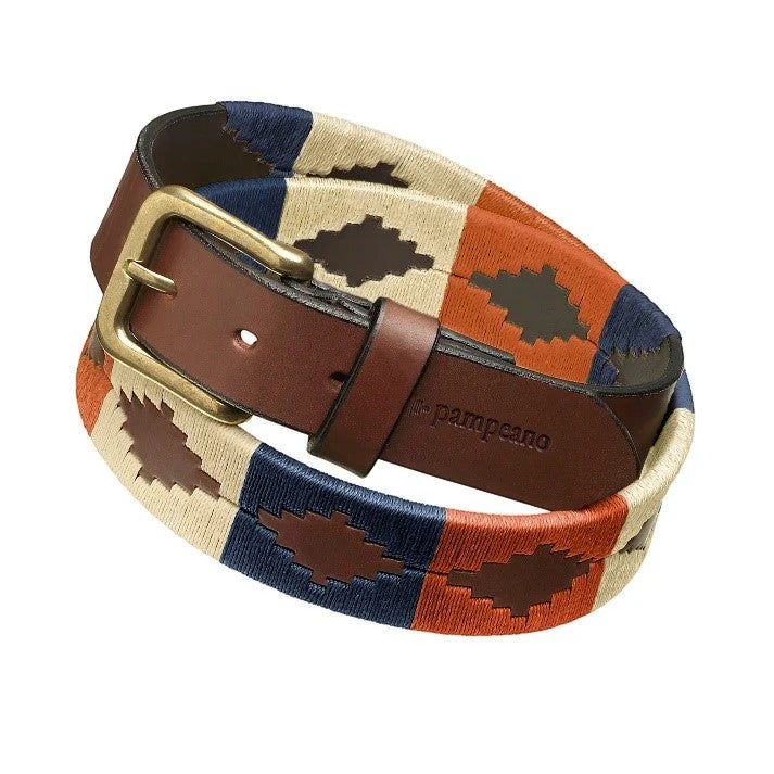 Polo-style belt with a colorful pattern and brown leather buckle on a white background
