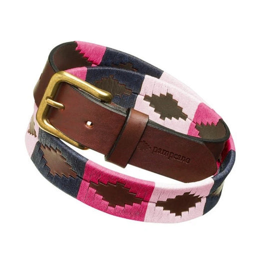 A woven belt with a geometric Southwestern pattern in pink, navy blue, and brown, featuring a brown leather strap and a gold buckle.