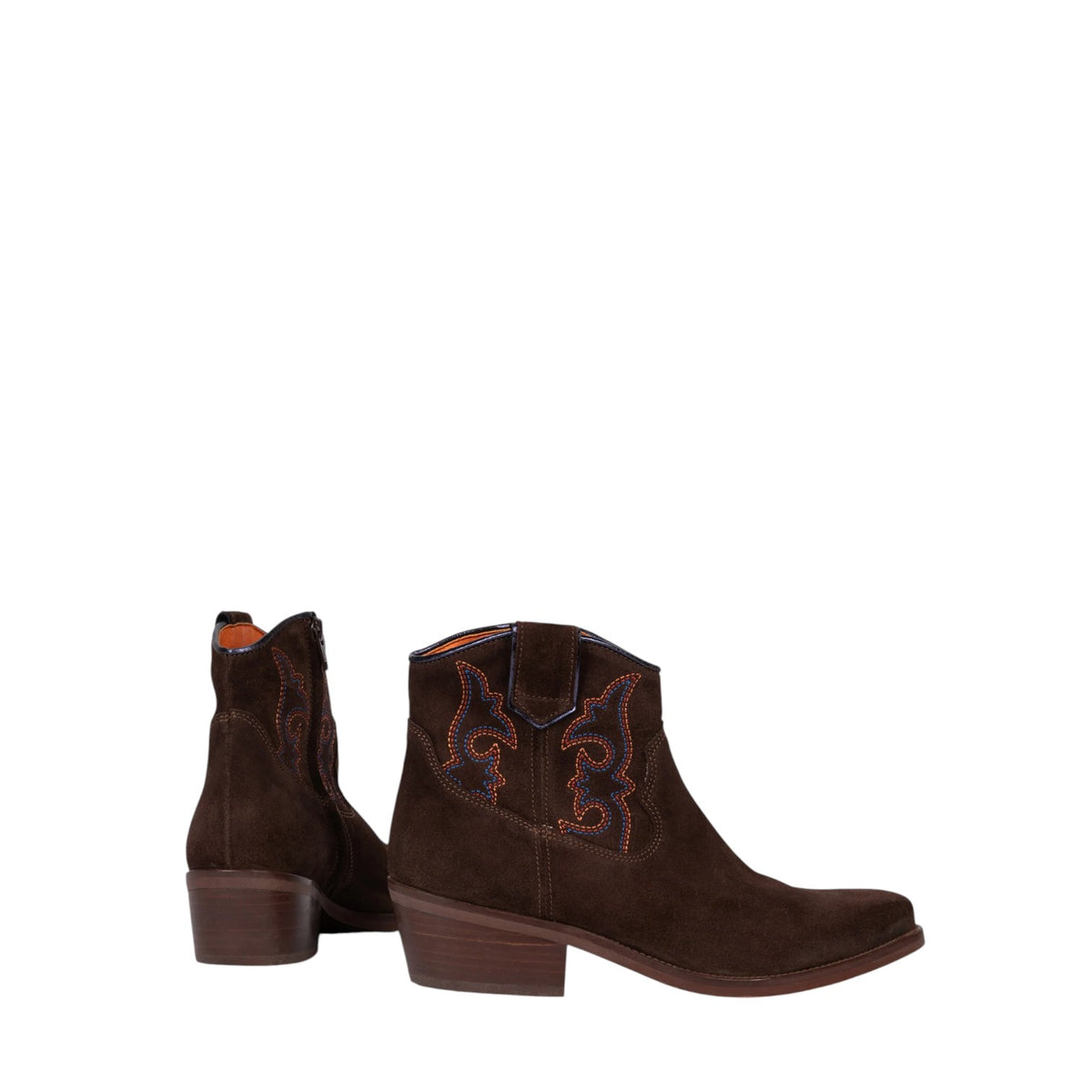 A pair of dark brown suede western ankle boots with decorative orange and blue contrast stitching, shown from the side and back on a plain white background.