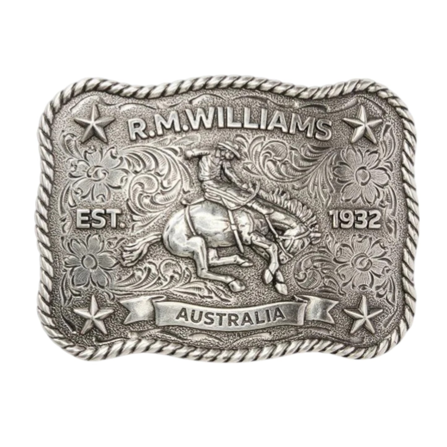 R.M. Williams belt buckle with a cowboy on a horse design.