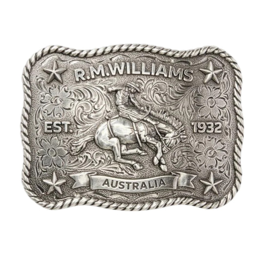 R.M. Williams belt buckle with a cowboy on a horse design.