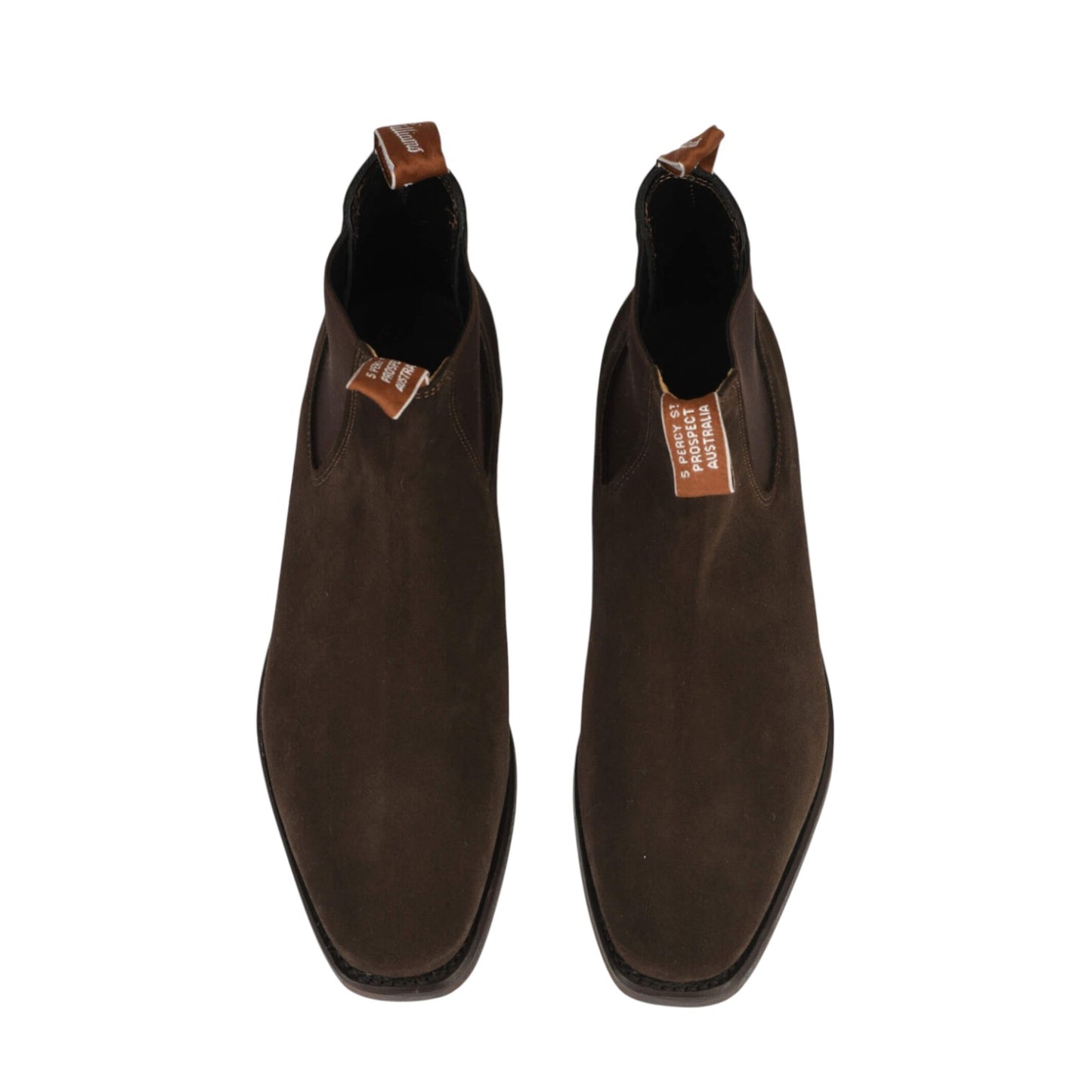 A pair of dark brown suede Chelsea boots shown from a top-down view on a plain white background.