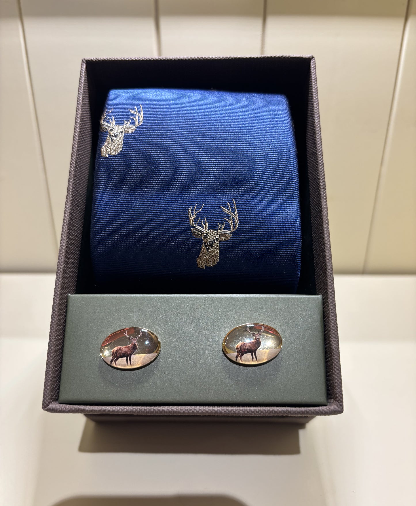 Soprano Stags Head on Royal Blue Ground Tie Cufflinks Set