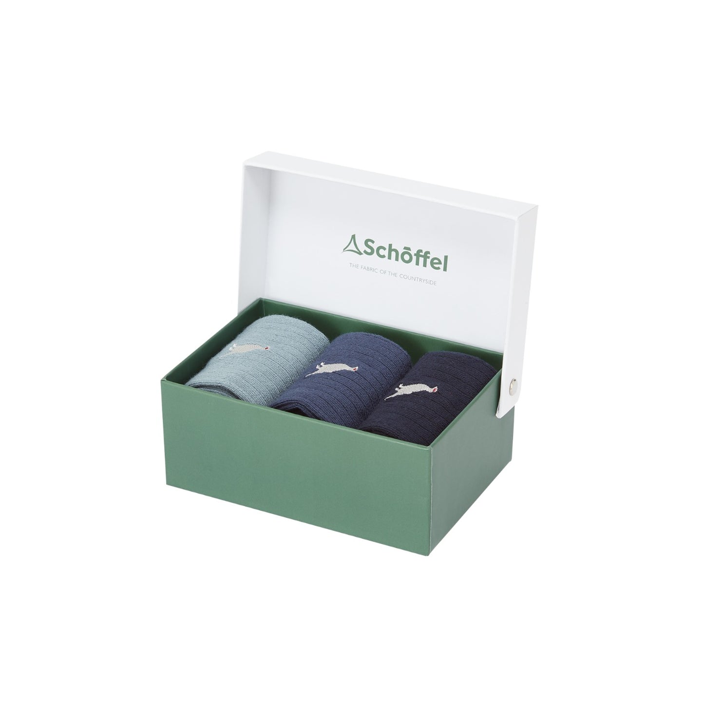 Three pairs of socks in a green box with Schöffel branding on a white background