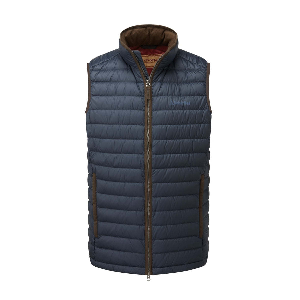 A navy blue puffer vest with brown trim and a brown interior lining, featuring a full front zipper and a small embroidered logo on the left chest, shown against a plain white background.