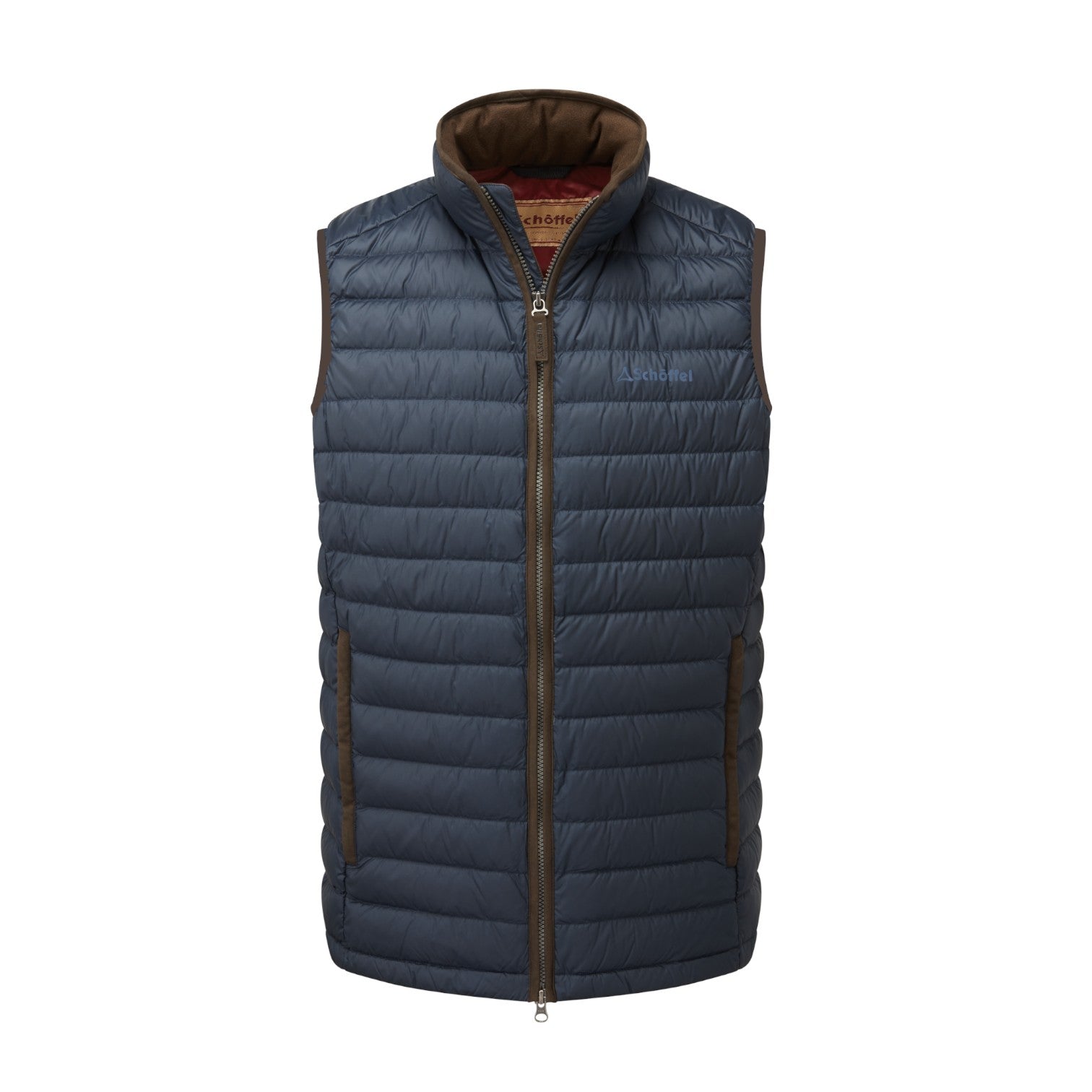 A navy blue puffer vest with brown trim and a brown interior lining, featuring a full front zipper and a small embroidered logo on the left chest, shown against a plain white background.