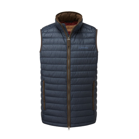 A navy blue puffer vest with brown trim and a brown interior lining, featuring a full front zipper and a small embroidered logo on the left chest, shown against a plain white background.