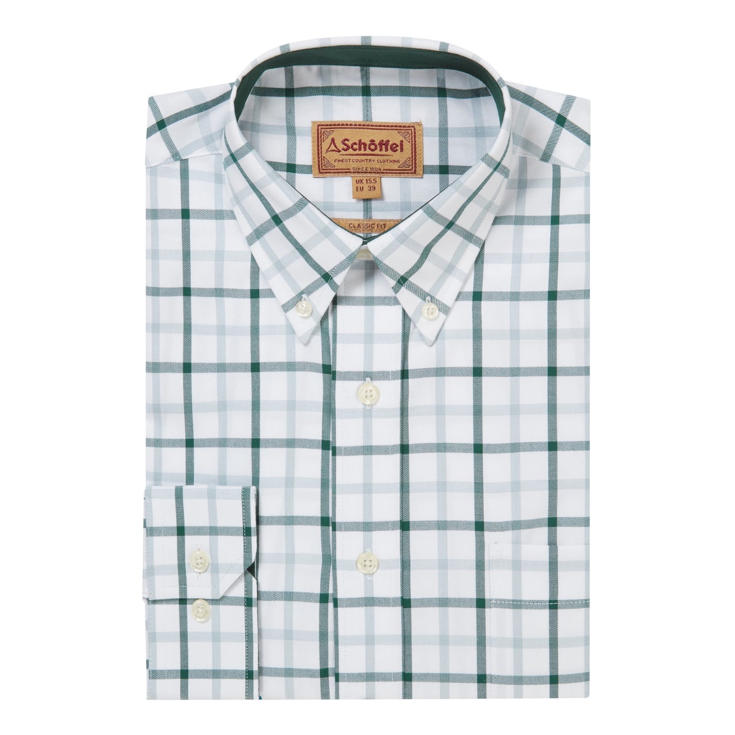 Green and white checkered shirt with Schott logo on a white background