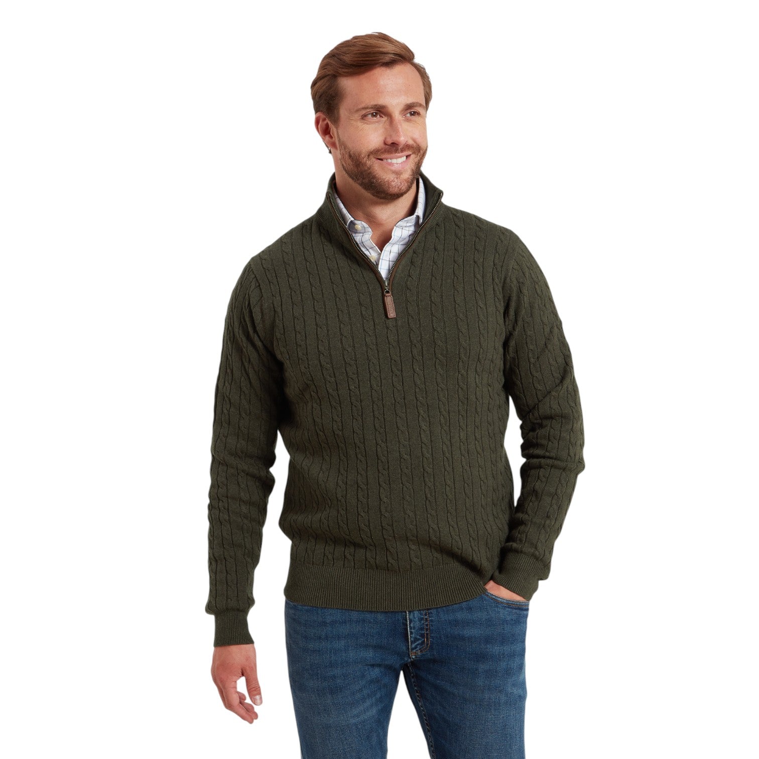 Schoffel Calton Cotton Cashmere Cable 1/4 Zip Jumper Loden Green
