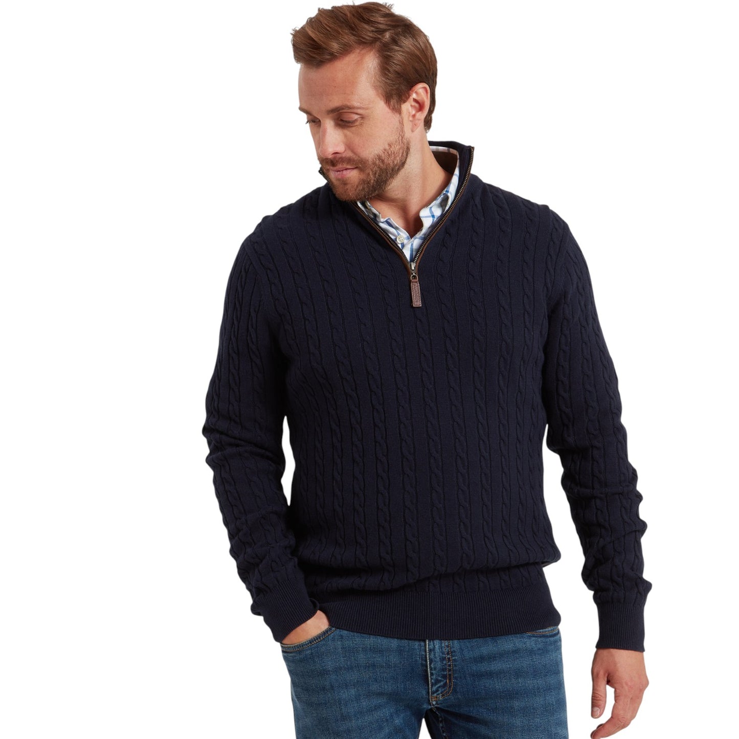 Schoffel Calton Cotton Cashmere Cable 1/4 Zip Jumper Navy