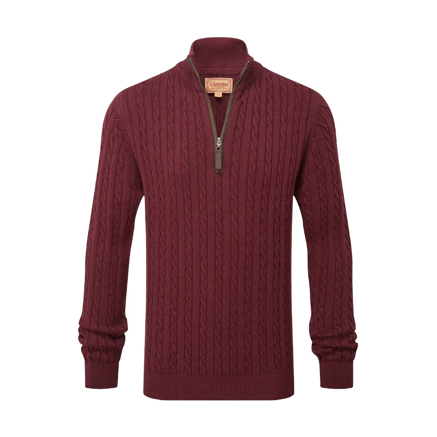 Maroon cable knit sweater with a zipper on a white background