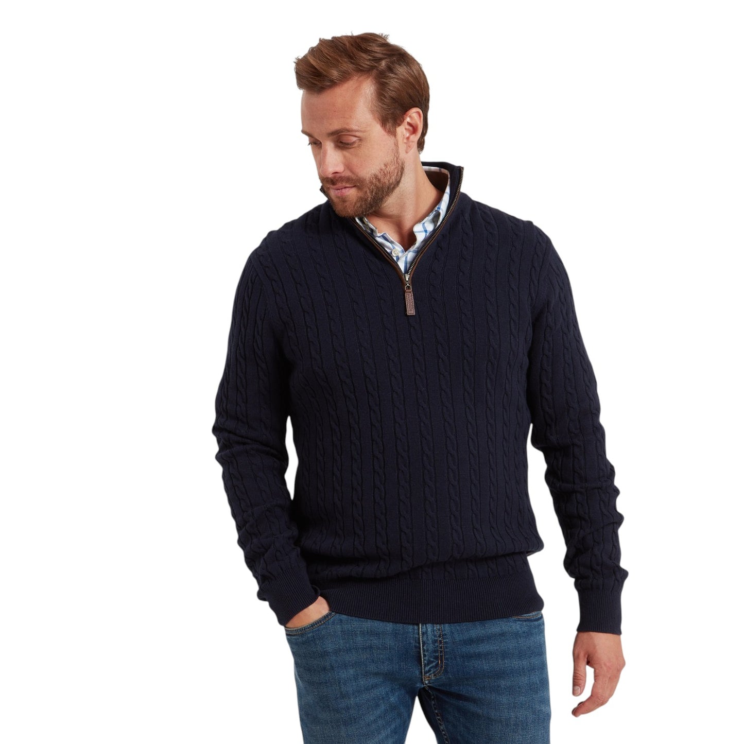 Schoffel Calton Cotton Cashmere Cable 1/4 Zip Jumper Navy