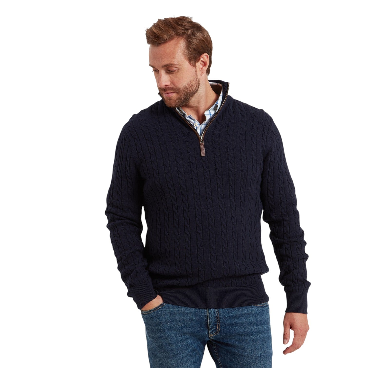 Schoffel Calton Cotton Cashmere Cable 1/4 Zip Jumper Navy