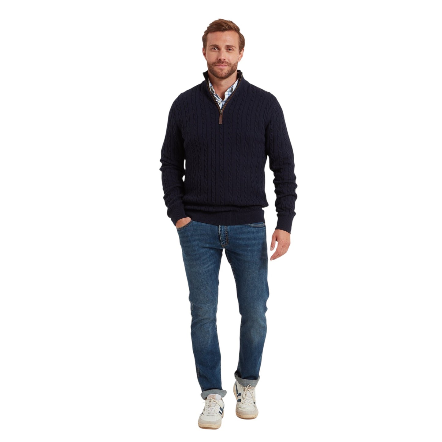 Schoffel Calton Cotton Cashmere Cable 1/4 Zip Jumper Navy