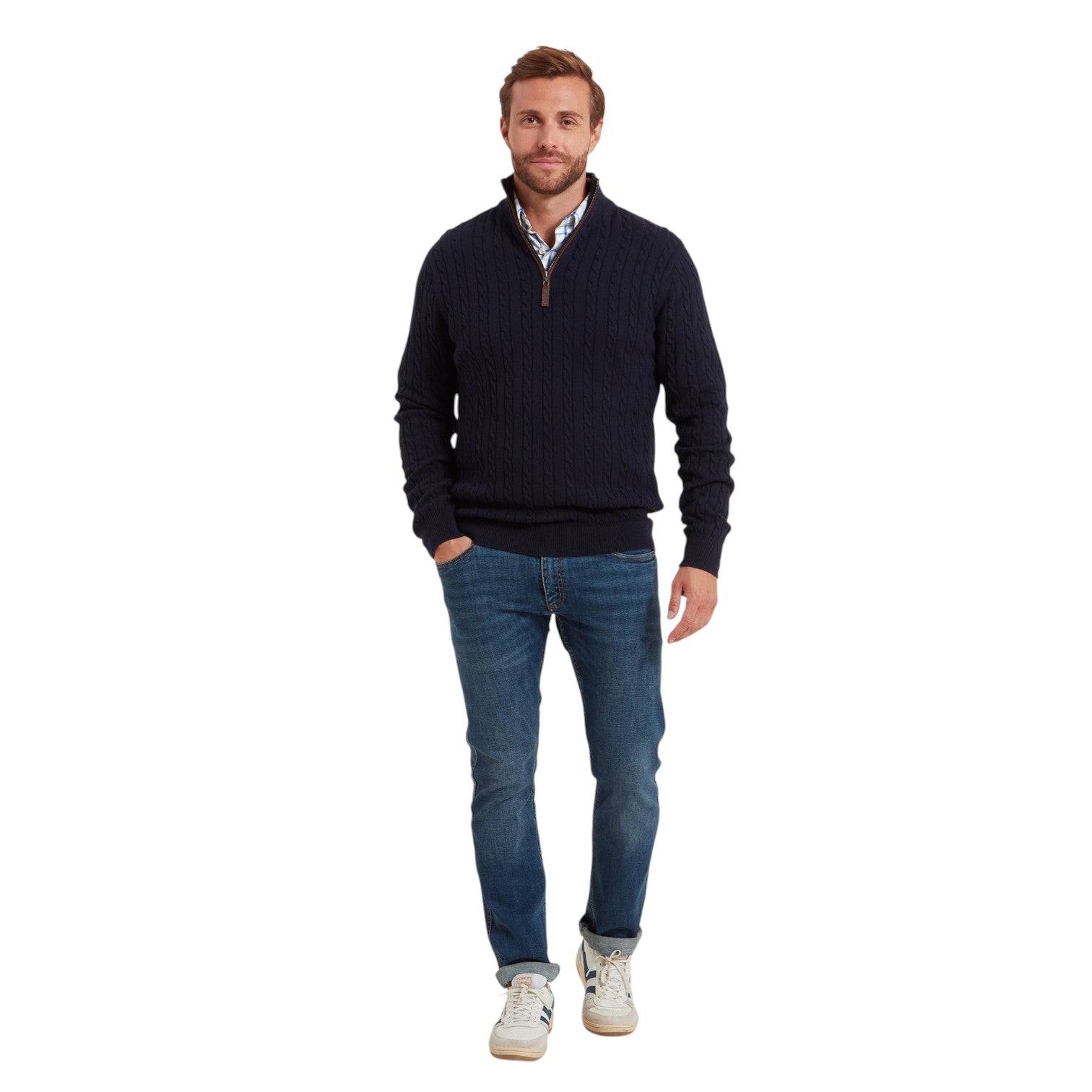 Schoffel Calton Cotton Cashmere Cable 1/4 Zip Jumper Navy