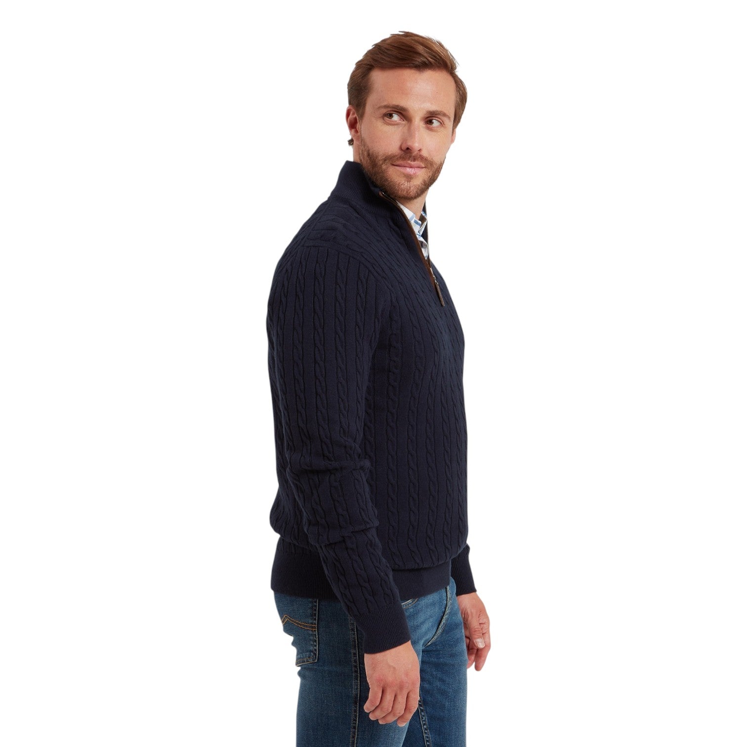 Schoffel Calton Cotton Cashmere Cable 1/4 Zip Jumper Navy