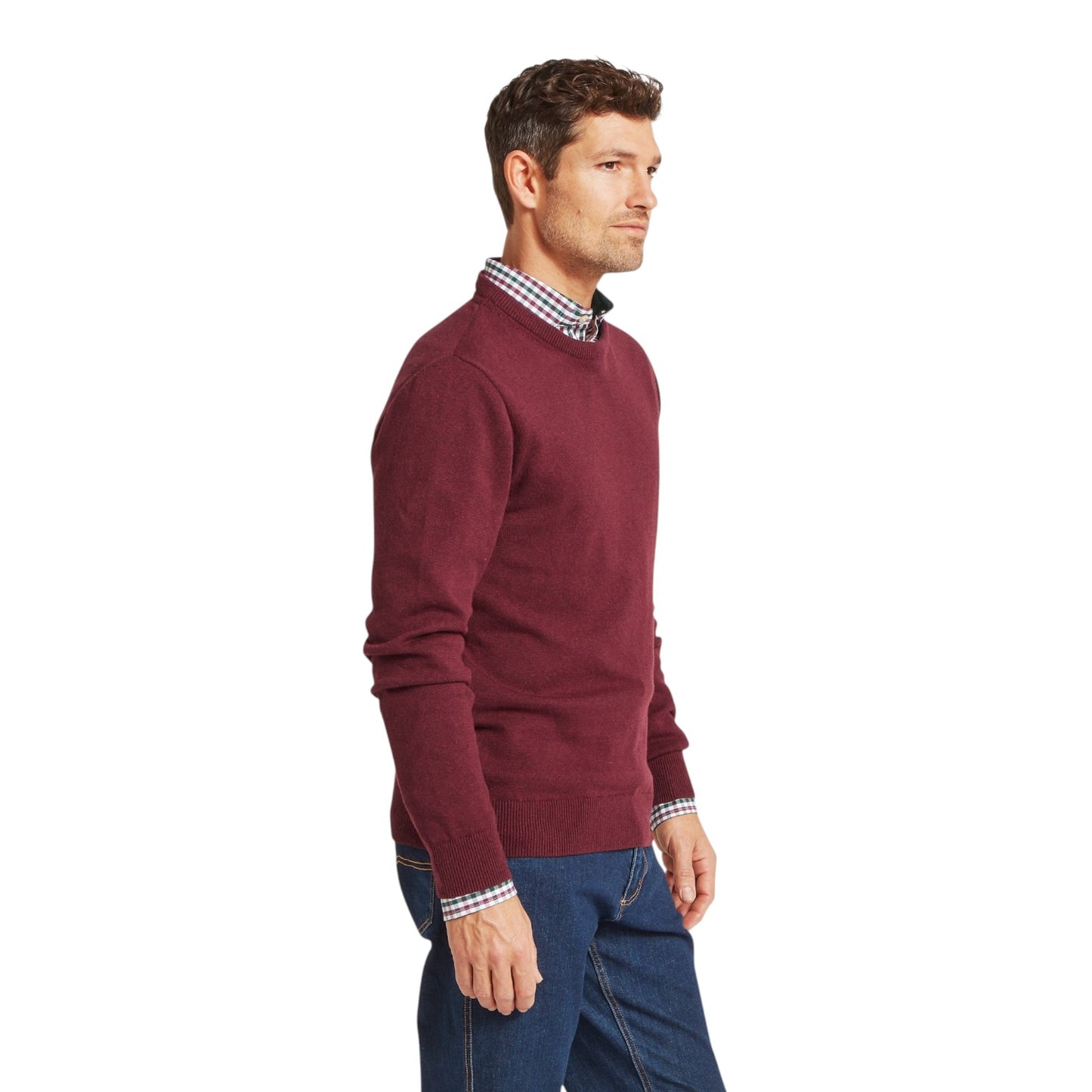 Man wearing a burgundy sweater with a checkered shirt underneath on a white background