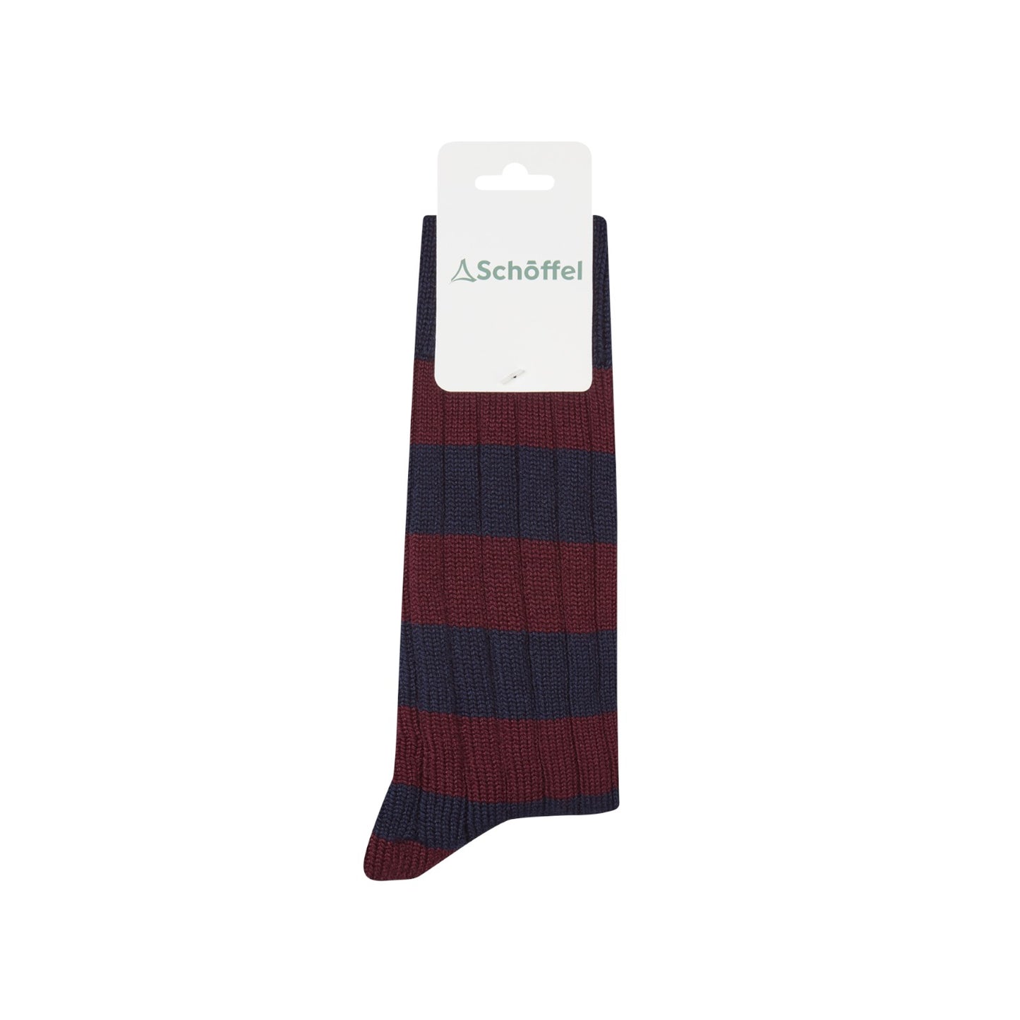 Navy and red striped sock with Schäffler label on a white background