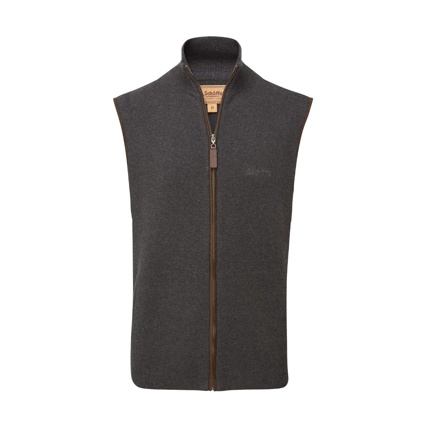 Dark gray vest with a brown zipper on a white background